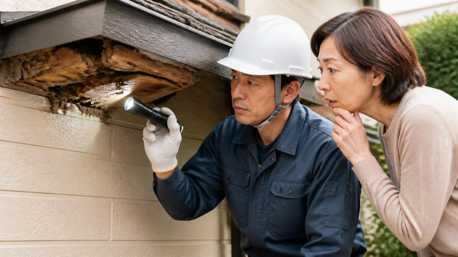 シロアリ駆除の口コミ・羽アリの原因特定。住宅の軒下で作業員1人が材木を懐中電灯で調べ住人が覗き込む