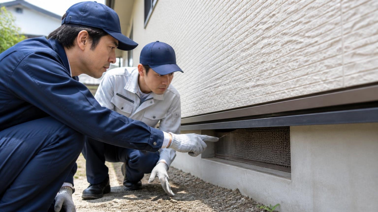 駆除だけでなく入られない対策まで。家の外壁まわりで作業員2人が隙間を指さし確認する