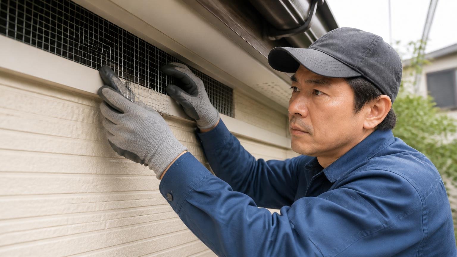 侵入口の封鎖作業。戸建ての外壁まわりで作業員1人が軒下の隙間を金網で塞いでいる真剣な表情