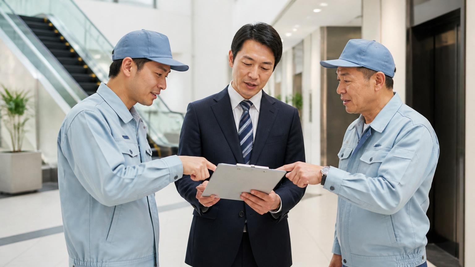 建物ぐるみの衛生管理。オフィスビルの共用部で点検表を手に打ち合わせする作業員2人と管理担当者1人