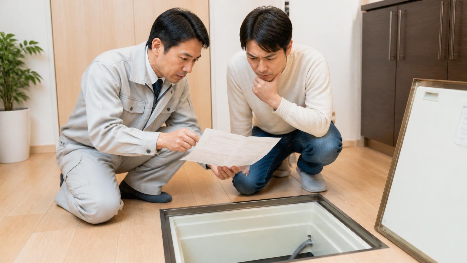 保証書の年数を確認する場面。住宅の床下点検口の前で作業員と住人が書類を見ながら真剣に話す様子