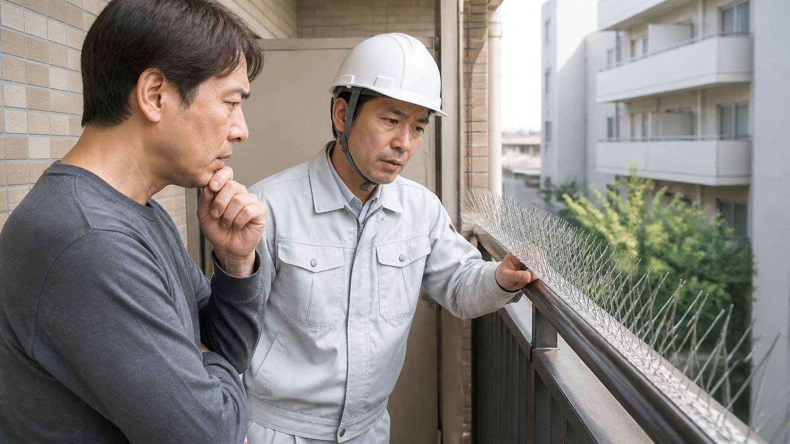 ハト対策は時間がかかると正直に説明された口コミ 住宅のベランダでハトよけを確認する作業員と住民が真剣な表情