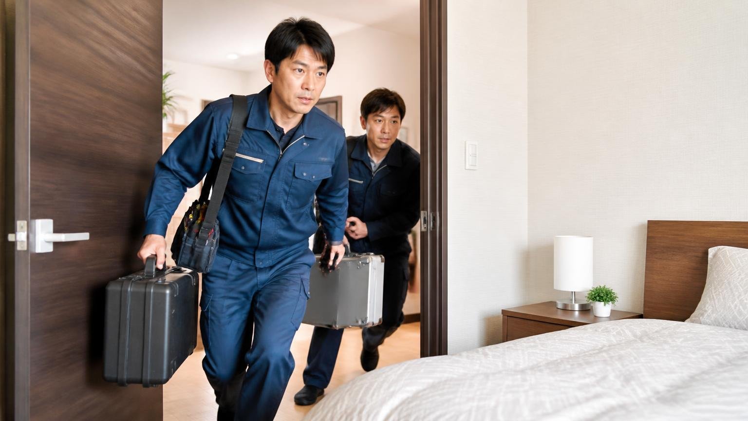 1時間ほどでスタッフが到着。戸建ての寝室前で作業服の男性2人が機材を手に駆けつける