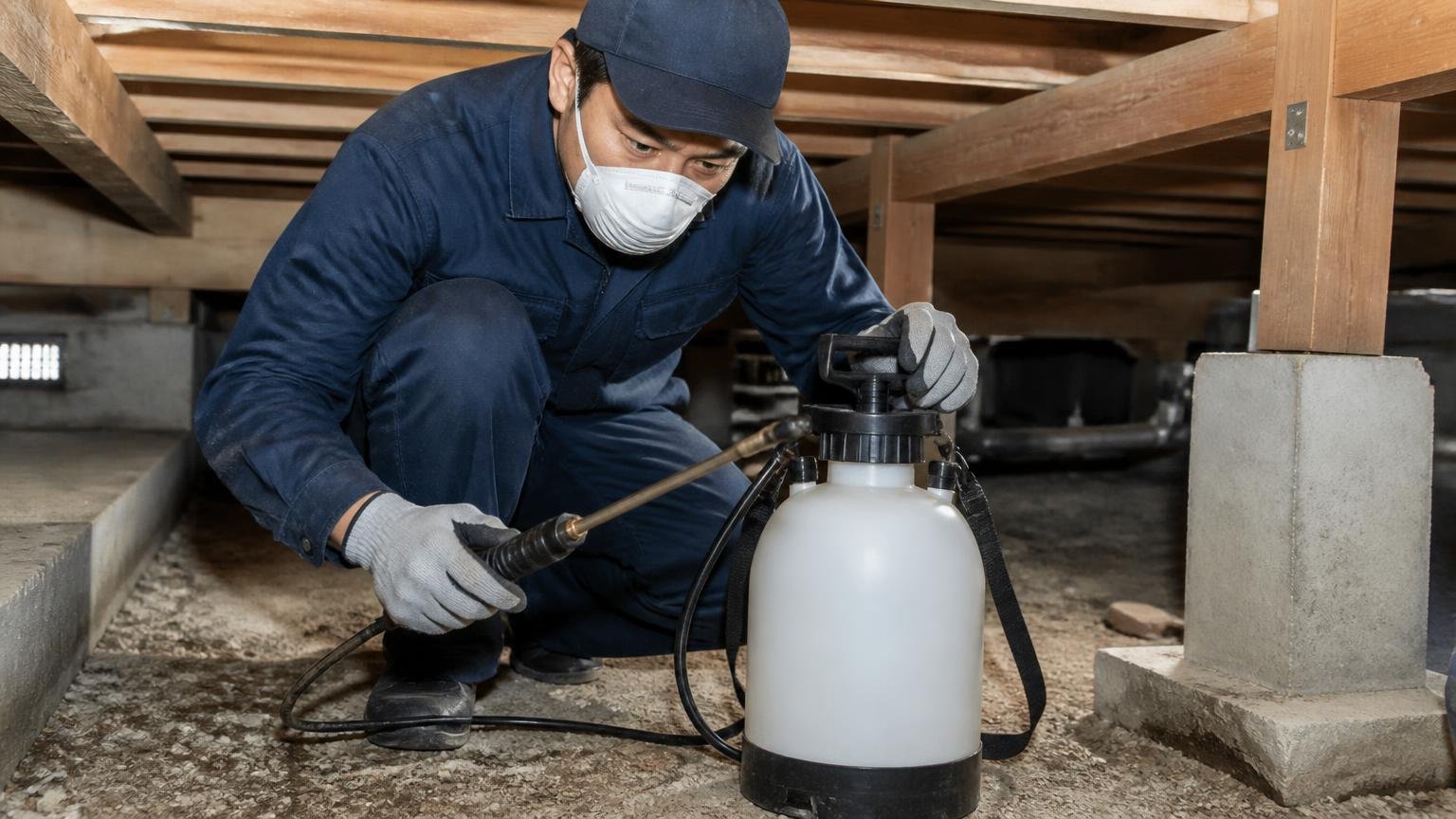 売上の8割強がシロアリ防除で害獣駆除は事業の一部 木造戸建ての床下で作業員1人が薬剤散布の準備をする