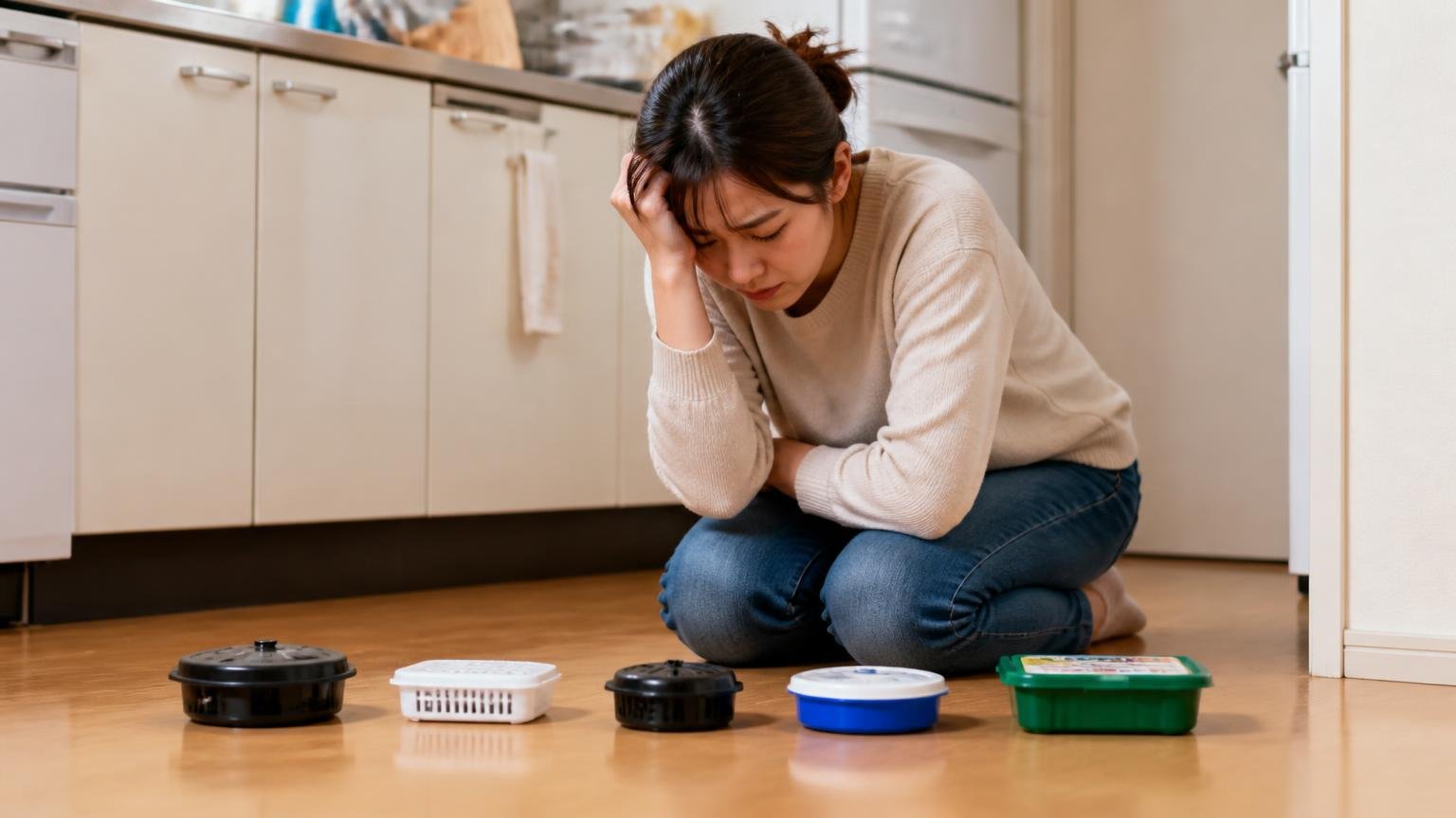 市販のくん煙剤では止まらなかった。台所の床に市販の駆除剤を並べ肩を落とす30代女性