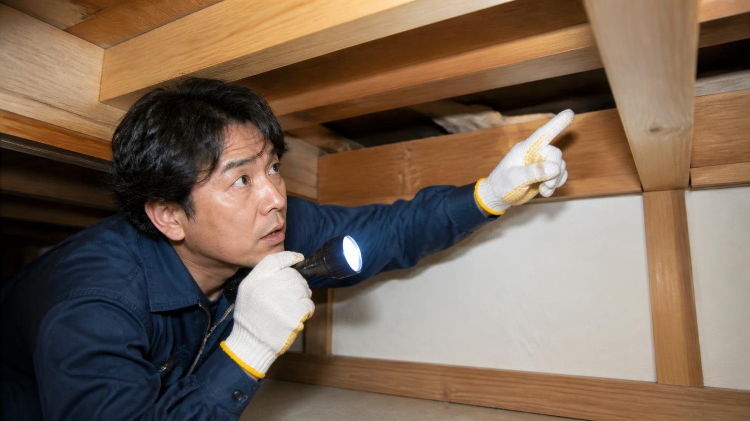 再調査で侵入口を発見する場面。木造戸建ての天井裏で作業員1人が懐中電灯を構えて隙間を指さしている