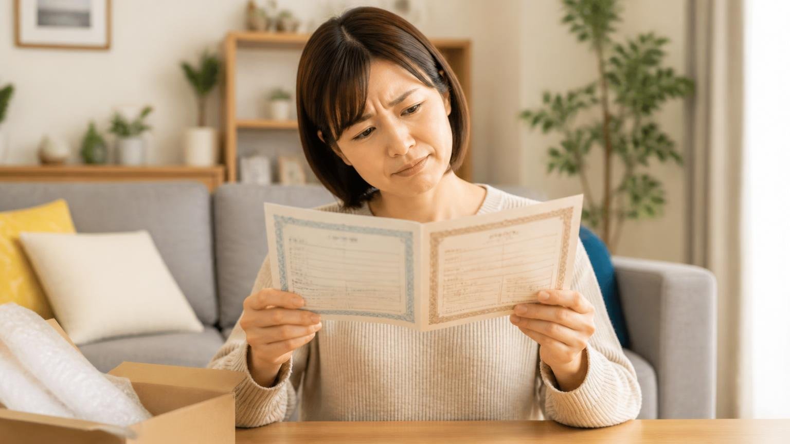 保証は6ヶ月と1年の両方の記載がある。自宅リビングのテーブルで女性1人が保証書を手に首をかしげる