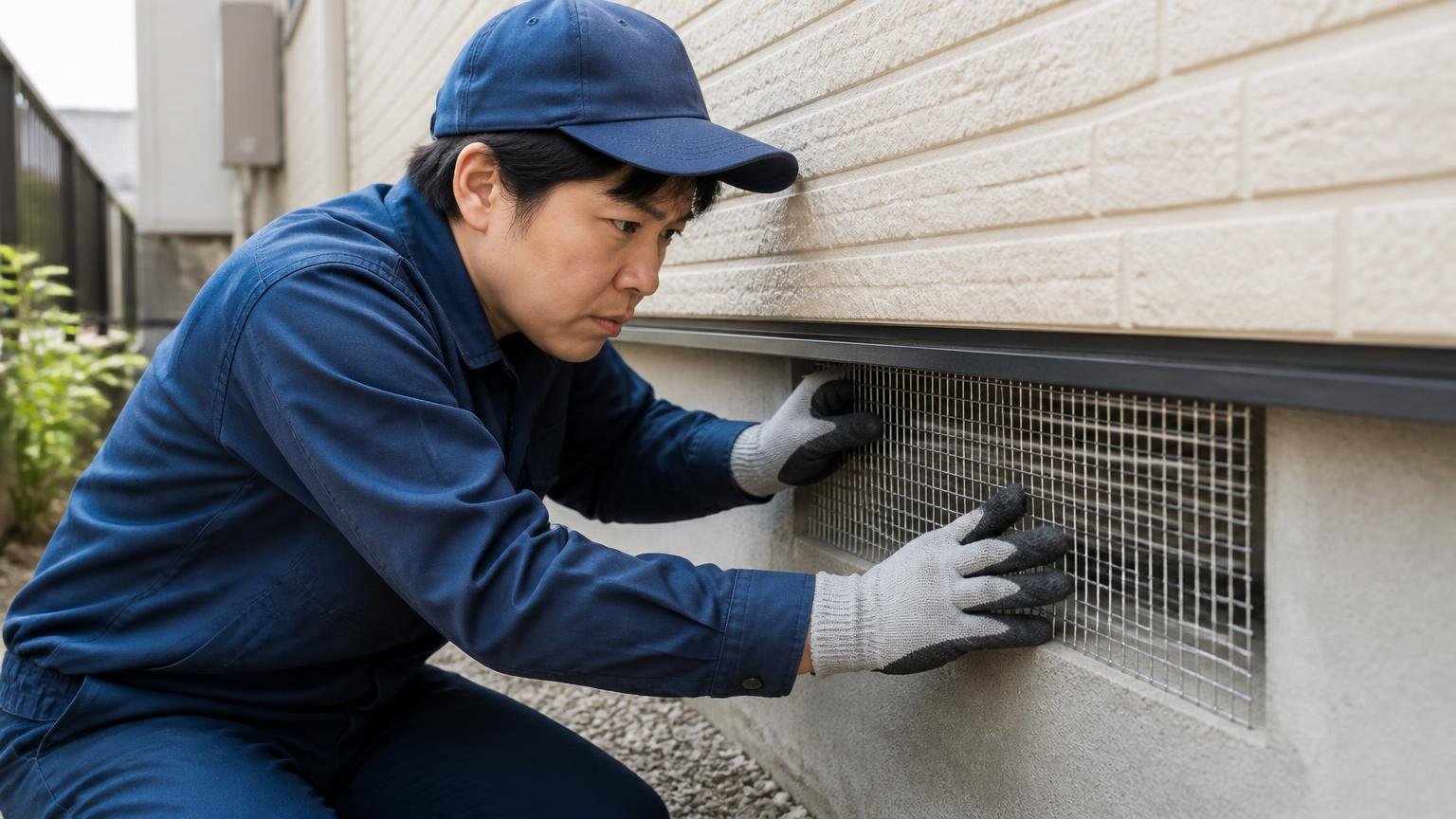 住宅の外壁まわりで侵入口をふさぐ場面。作業員1人が金網を当てながら真剣な表情で作業する