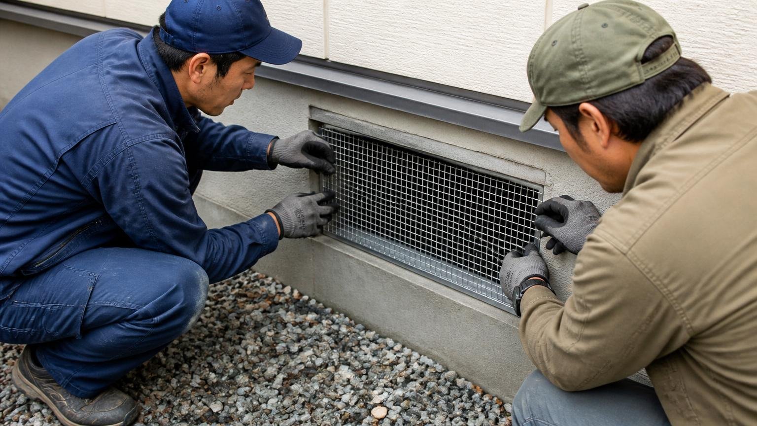 清掃と金網設置まで実施。住宅の換気口前で作業員2人が網を取り付ける