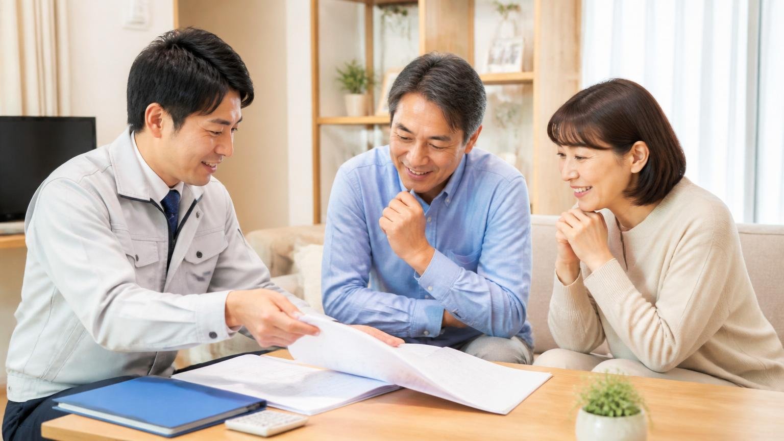 丁寧という評価が集中する理由 リビングで作業員1人が住人夫婦2人に見積書を広げて説明し3人が頷き合う