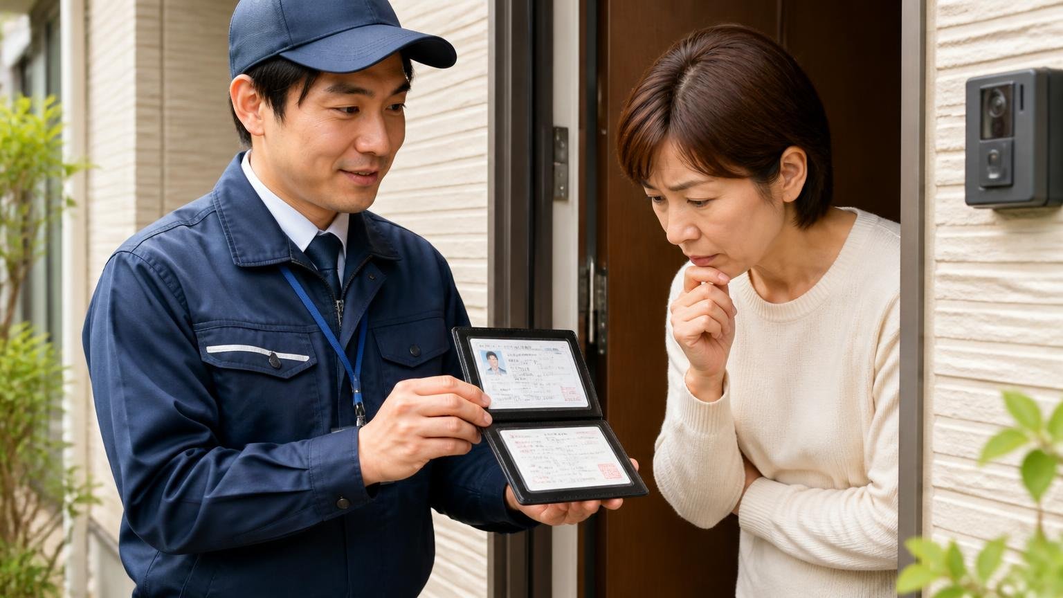 資格証と加盟団体を確認する場面。玄関先で作業員が住人に身分証と資格証を提示し、住人が確認する様子
