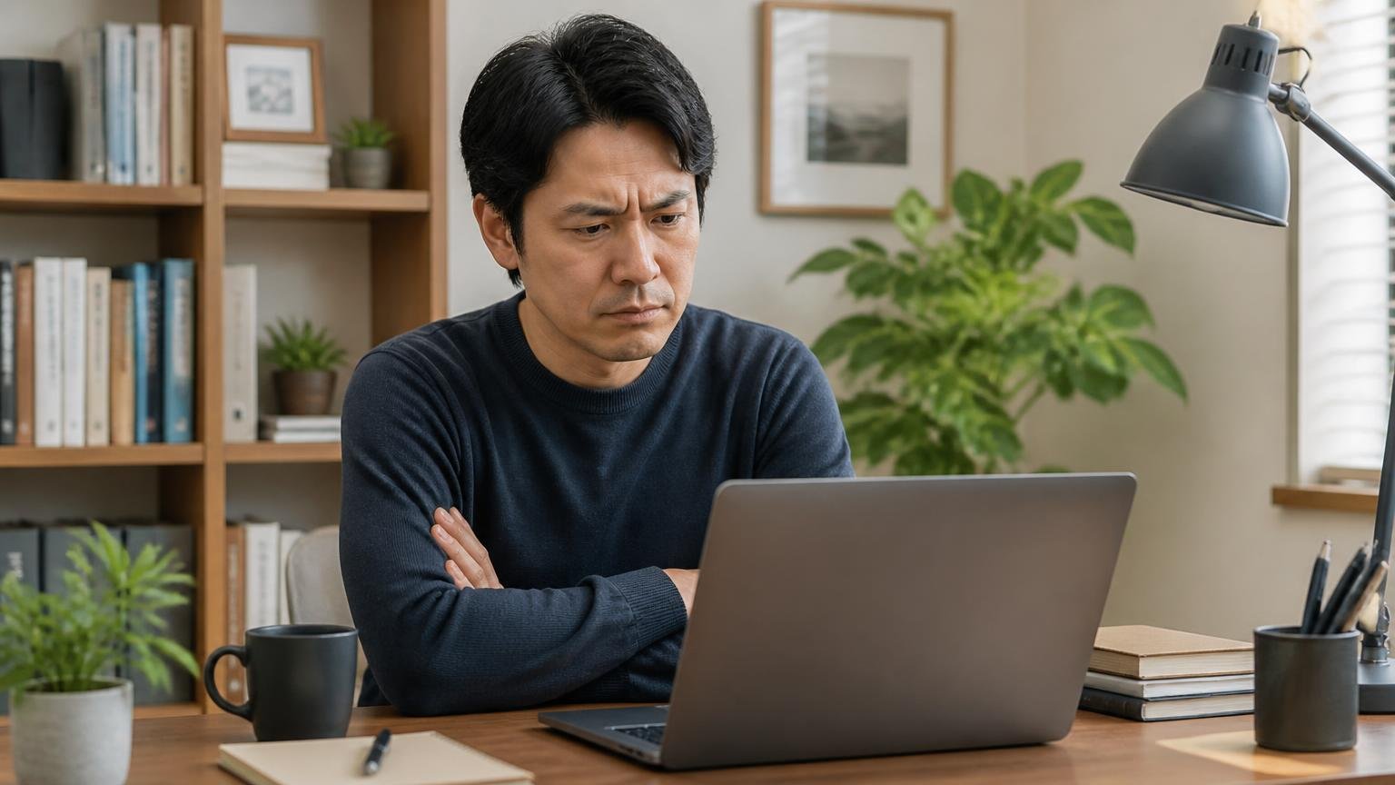 悪い評判は見つからなかった 自宅の書斎机でノートパソコンを見る男性1人が腕を組み眉を寄せて考え込む