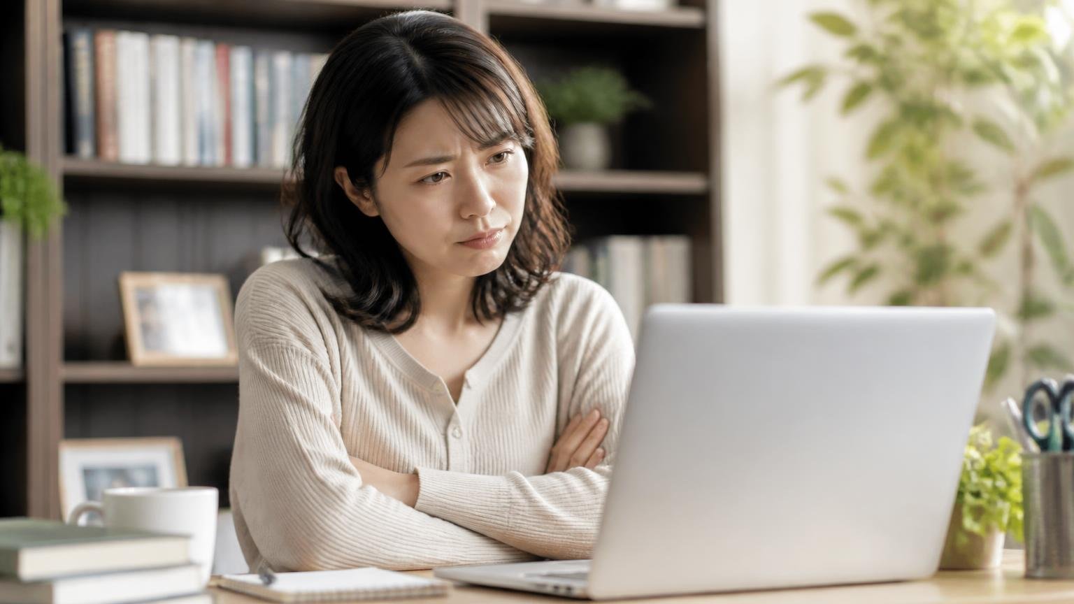 悪い口コミは本当に無いのか。自宅の書斎でノートパソコンを見る30代女性1人が腕を組み考え込む