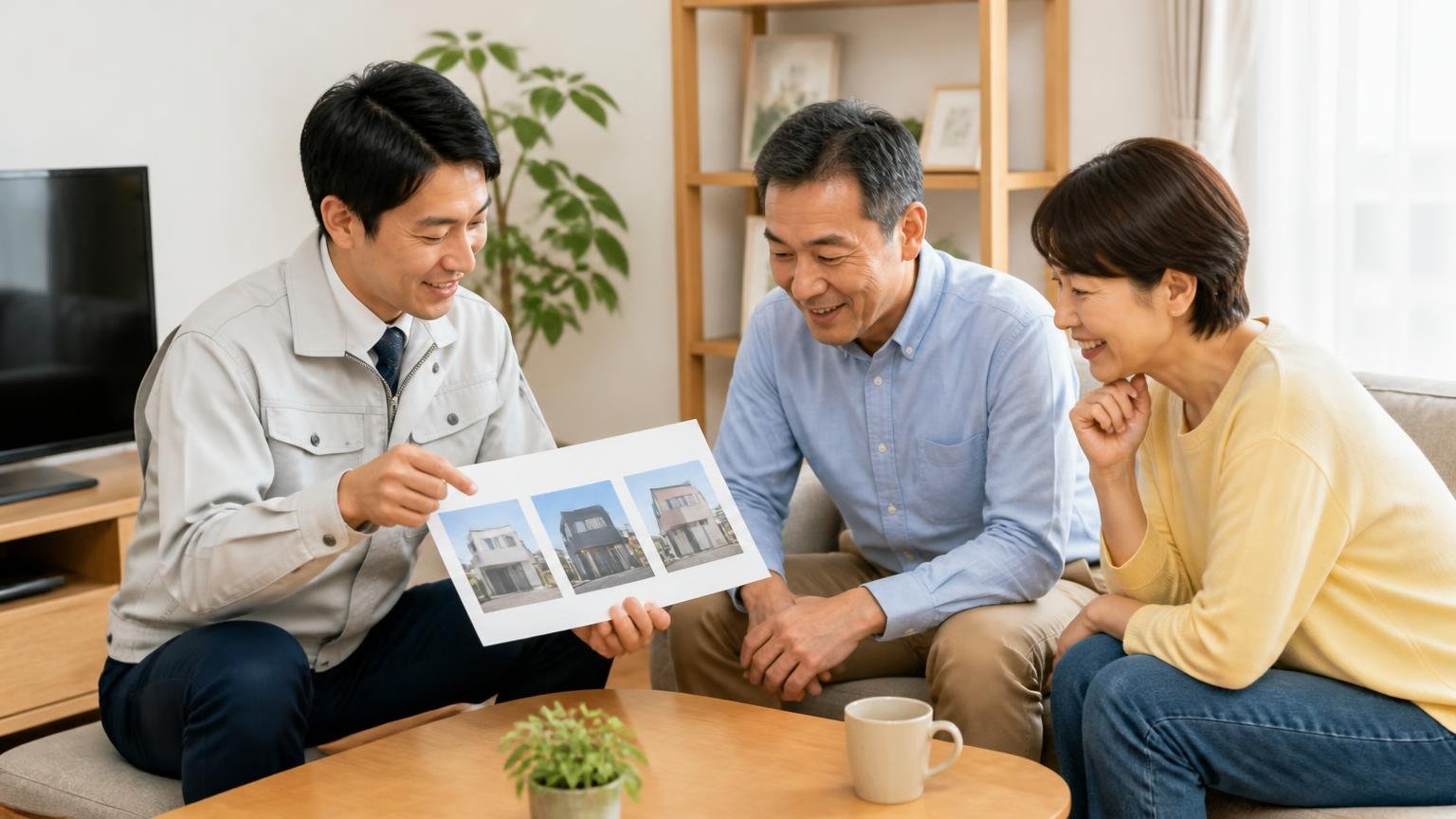 口コミに繰り返し出てくる3つの型。リビングで作業員1人が住人2人に写真を見せながら説明し全員がうなずく