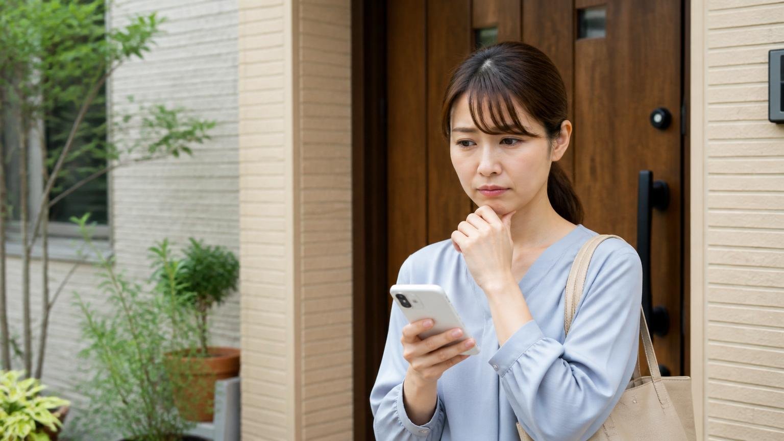 現地調査・見積もり・出張費・キャンセルはすべて無料。玄関前で30代女性1人がスマホを握りしめためらう表情