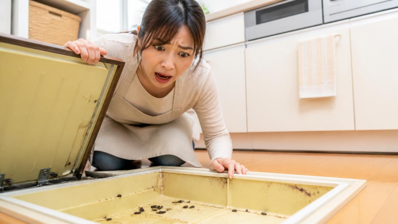 ネズミ駆除の口コミ|台所の床下収納をのぞきフンを見つけて息をのむ主婦1人