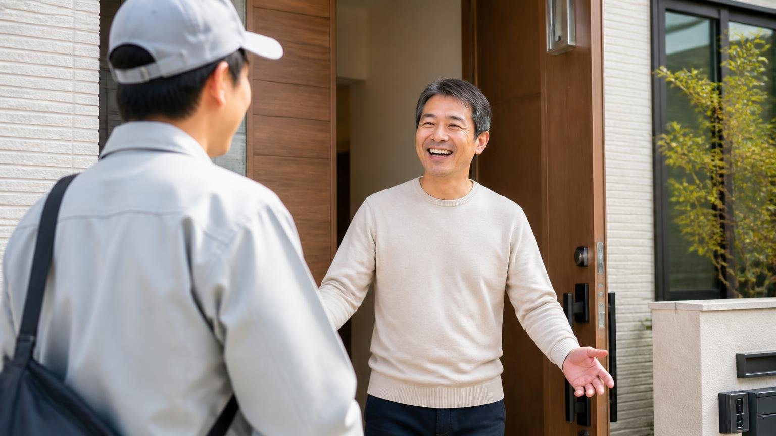 翌日に業者が到着した場面。戸建ての玄関前で作業服の男性を出迎える住人が安堵の表情を見せる様子