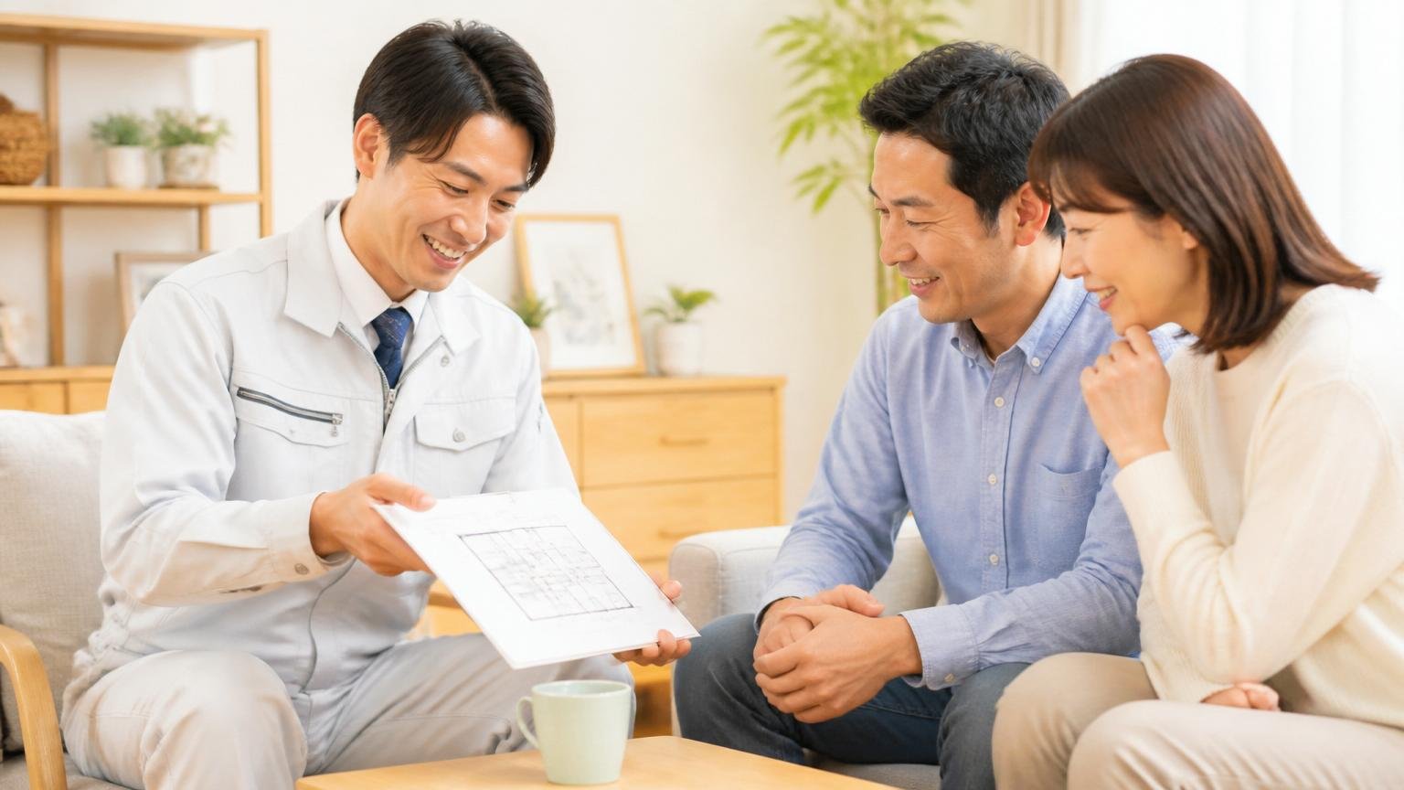 説明が丁寧でわかりやすいと感じる場面、リビングで作業員1人が住人2人に書類を見せながら笑顔で説明している