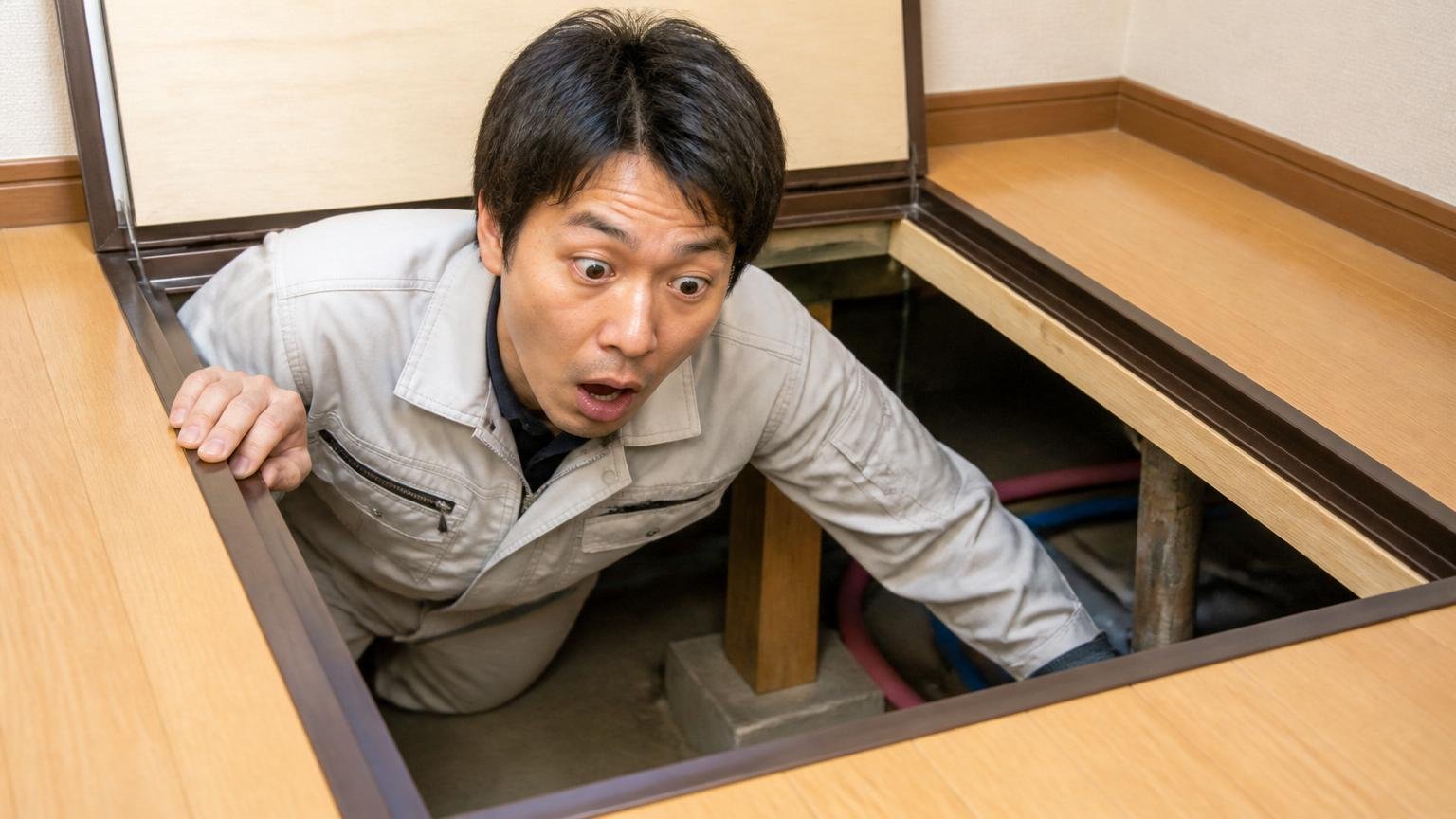 見積もりの段階で床下に潜って調査する場面。住宅の床下点検口から作業員1人が体を入れて驚いた表情で中を確認する