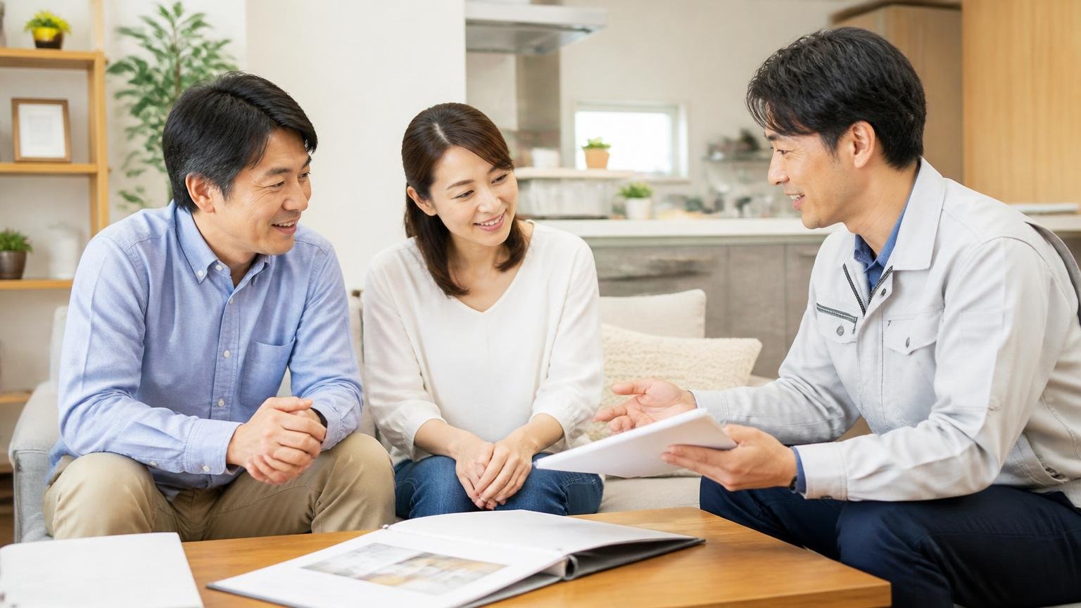 強み①「説明が丁寧」が良い評判の圧倒的多数 リビングで作業員と打ち合わせする夫婦と作業員の3人 うなずく表情