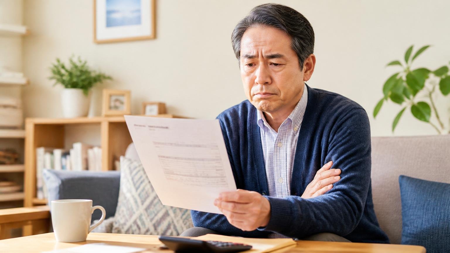 値引き交渉ができなかったという声の読み方 リビングで見積書を手に腕を組む50代男性が難しい表情