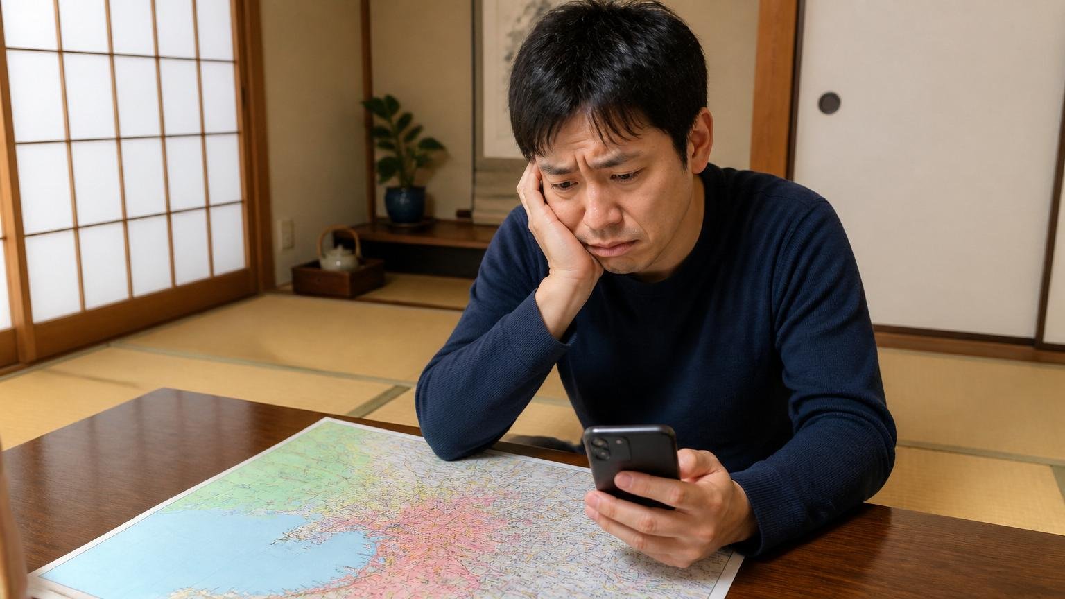 対応エリアが関西中心だと知る場面。自宅の和室で地図とスマホを見比べる男性1人が落胆した表情