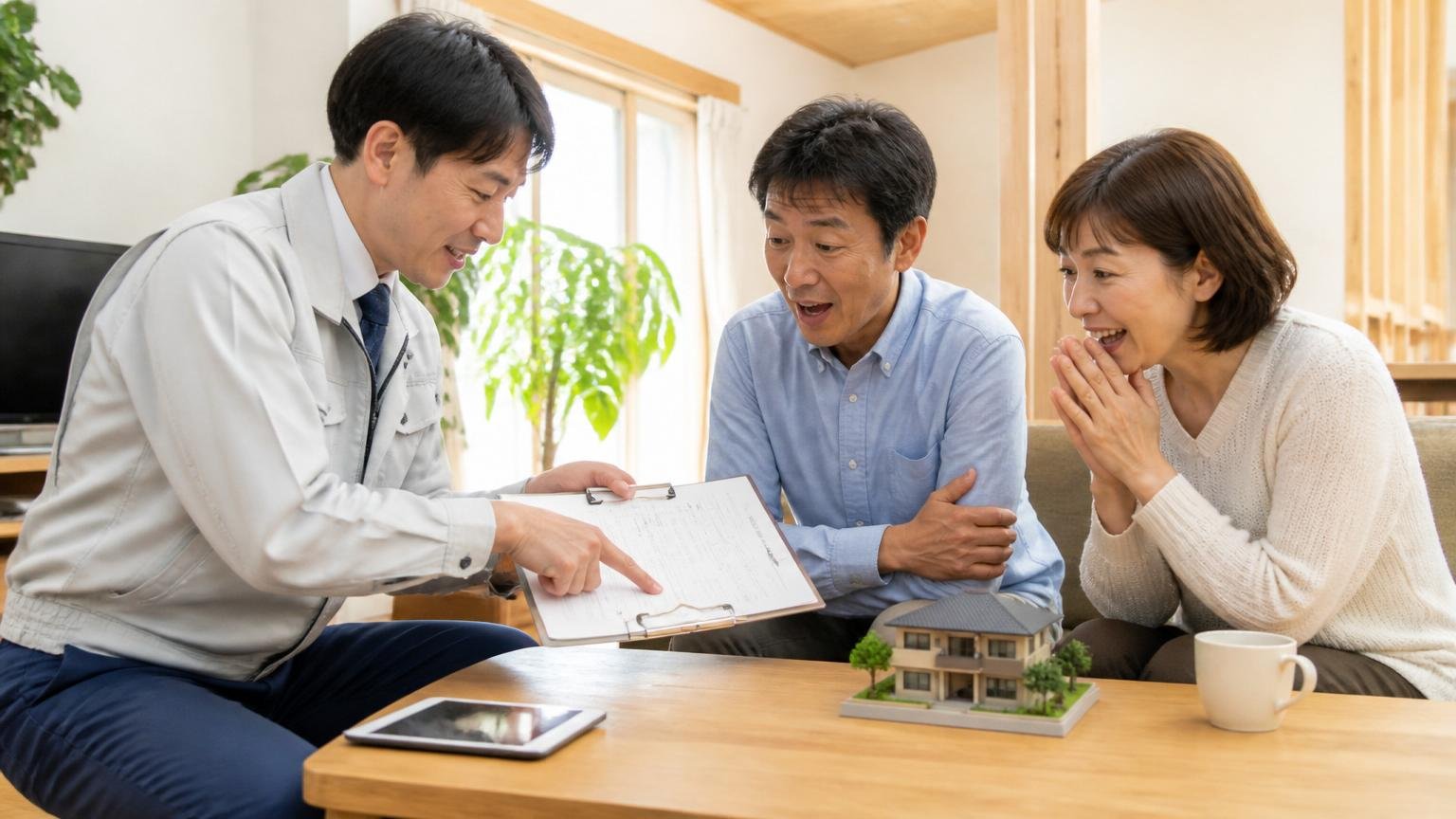 「紙で説明してくれた」に評価が集まる理由。木造戸建てのリビングで作業員1人が住人2人に書面を指さして説明する