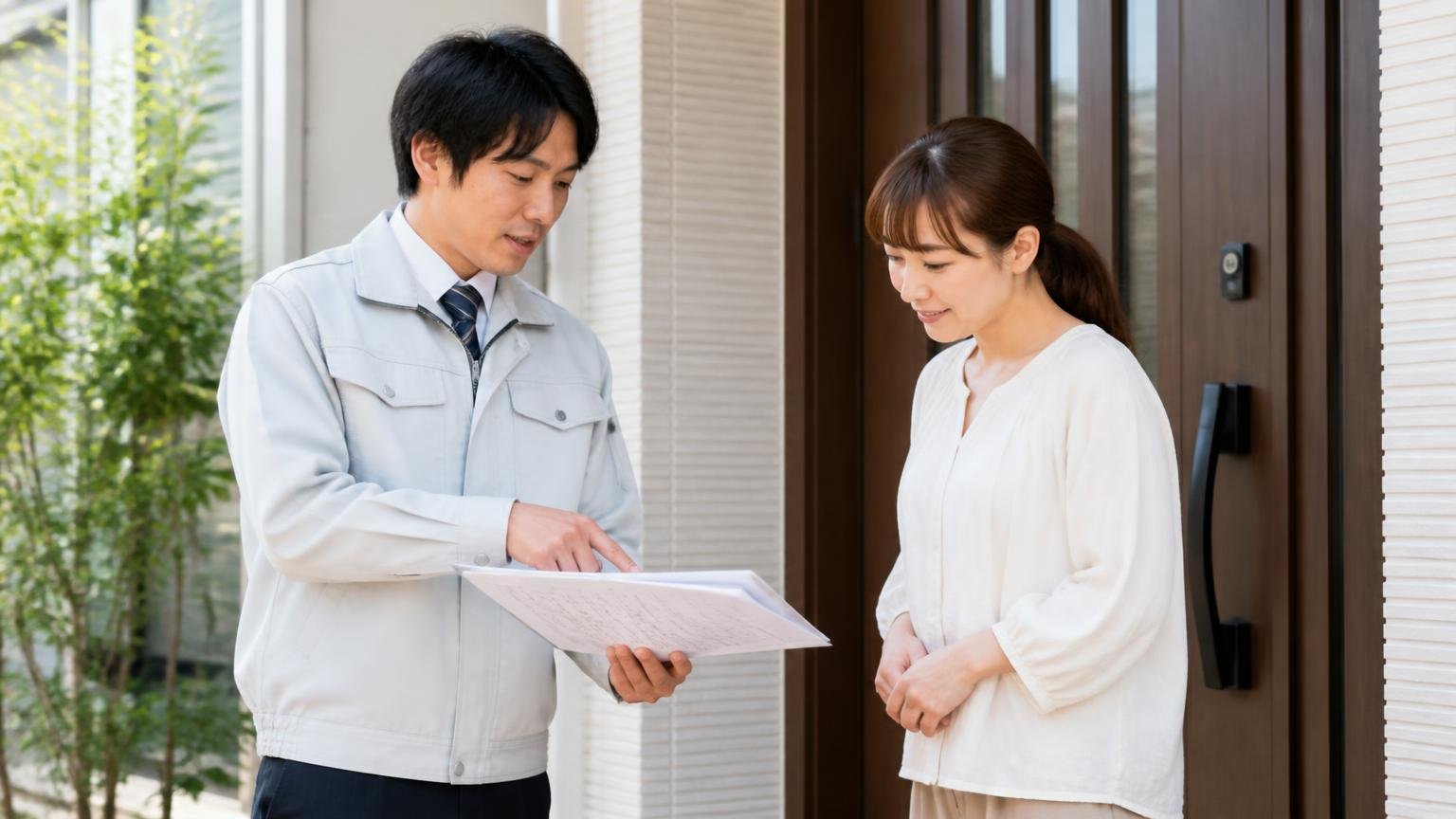 作業前の説明を受ける場面。戸建ての玄関先で書類を見せながら工程を説明する作業員と、うなずく30代女性