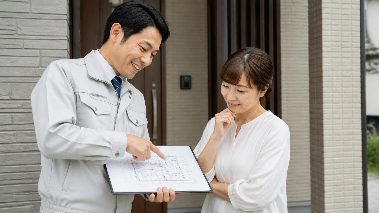 見積もり時の説明が丁寧|住宅の玄関先で作業員が図面を見せ主婦がうなずく