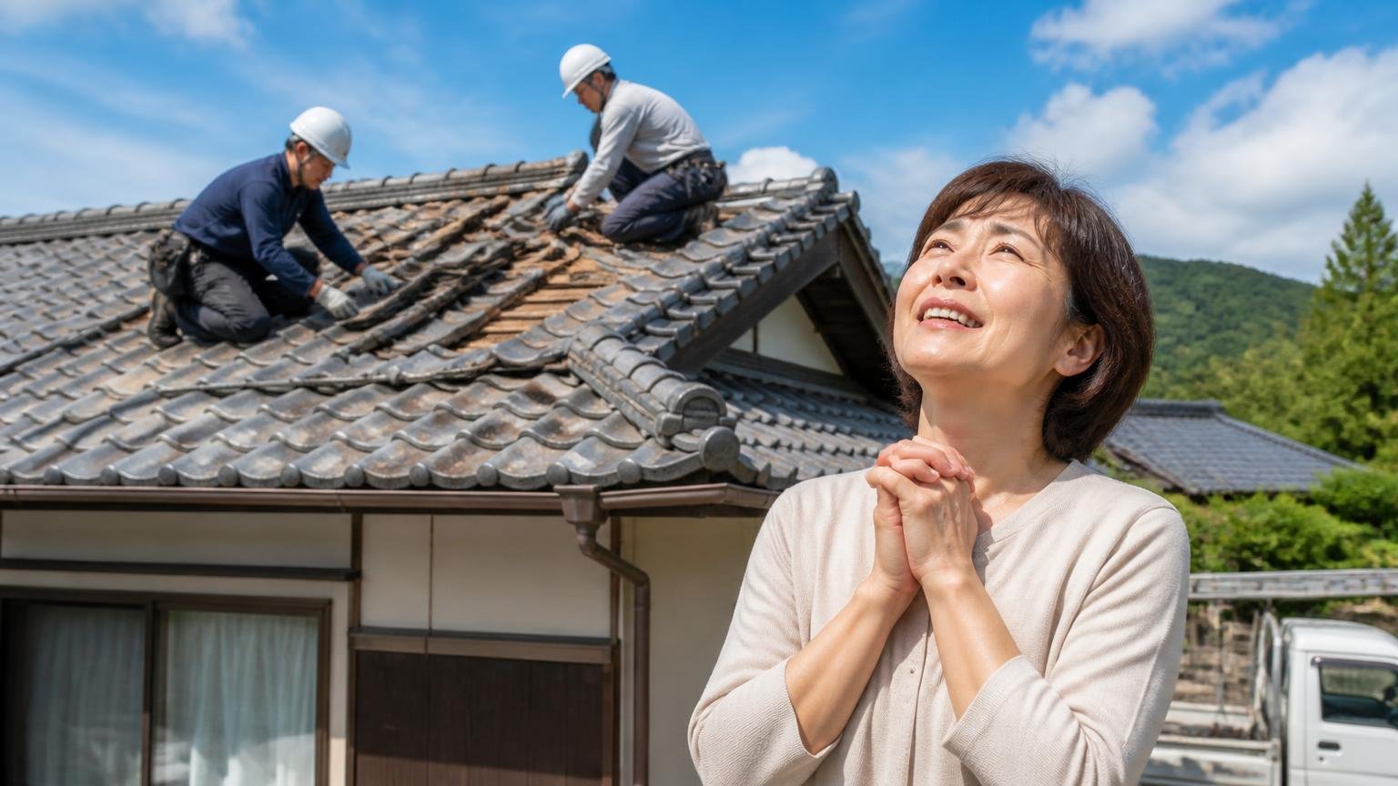 駆除だけでなく清掃・消毒・屋根の修理までまとめて頼めた。空き家の屋根の上で作業員2人が修理し安堵の表情