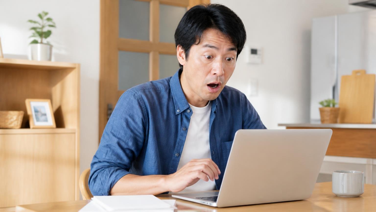 法人番号で実在を確かめる。ダイニングでノートパソコンを見つめる40代男性が驚く