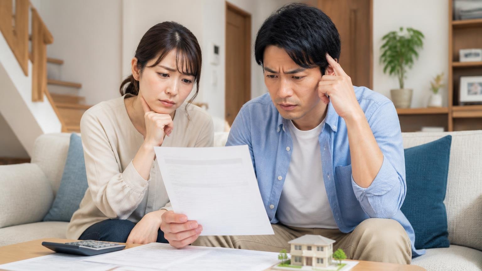 見積金額に悩む場面。木造戸建てのリビングで見積書を手に取り眉を寄せる30代夫婦2人