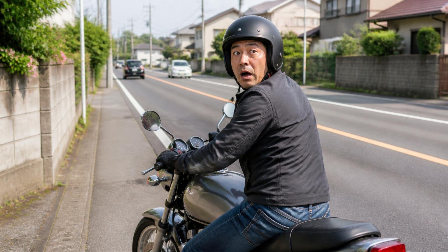 サービスへの評価ではない星1の口コミ|住宅街を抜ける国道沿いの路肩|バイクにまたがる男性1人|驚いた表情で背後を振り返る
