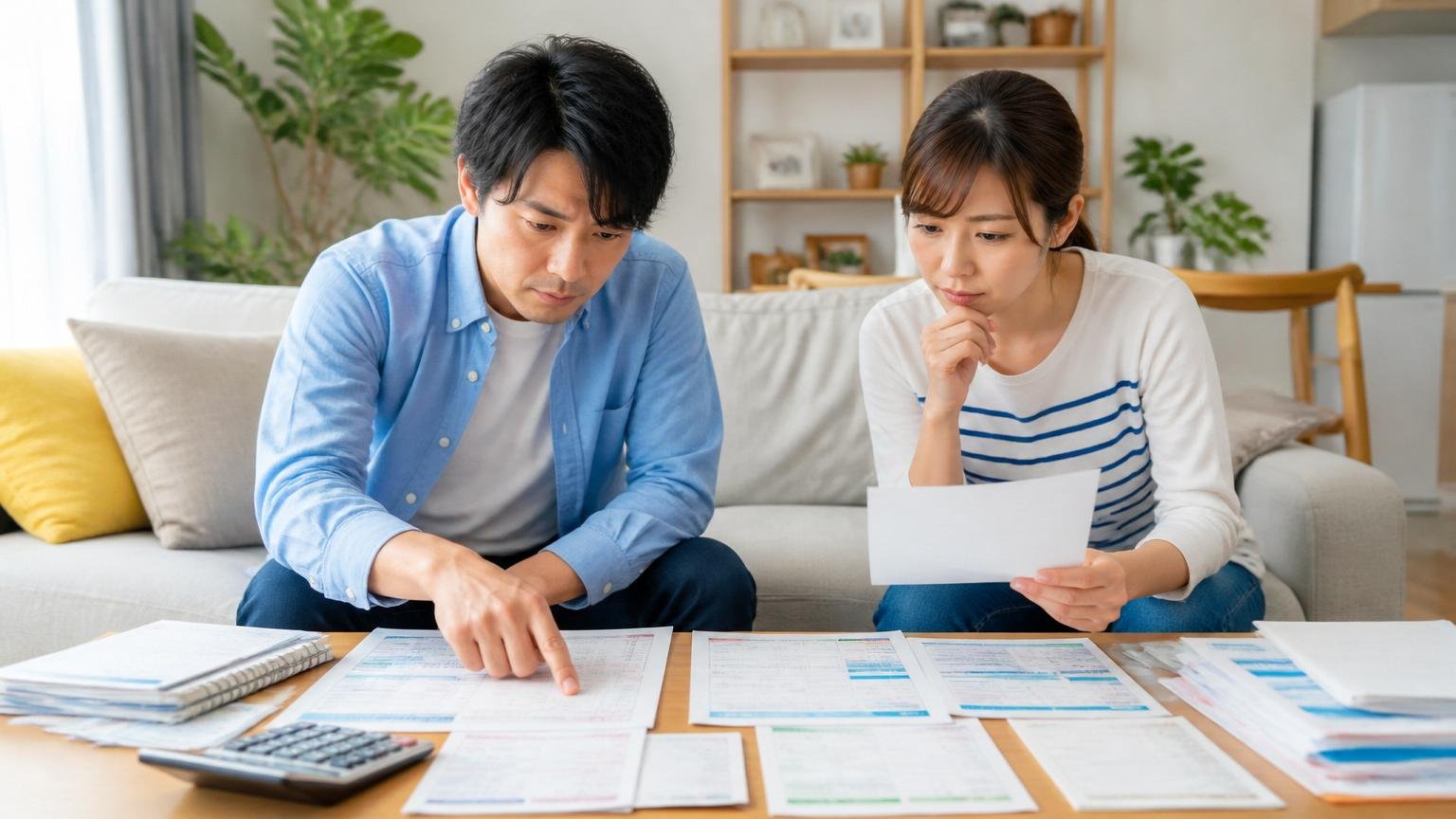 作業範囲の違いを比べる。リビングで書類を並べる男女2人が真剣な表情