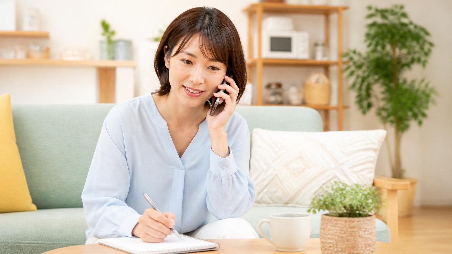 電話の段階から丁寧で翌日に見積もりという評価 リビングで電話をしながらメモを取る30代女性が安心した表情