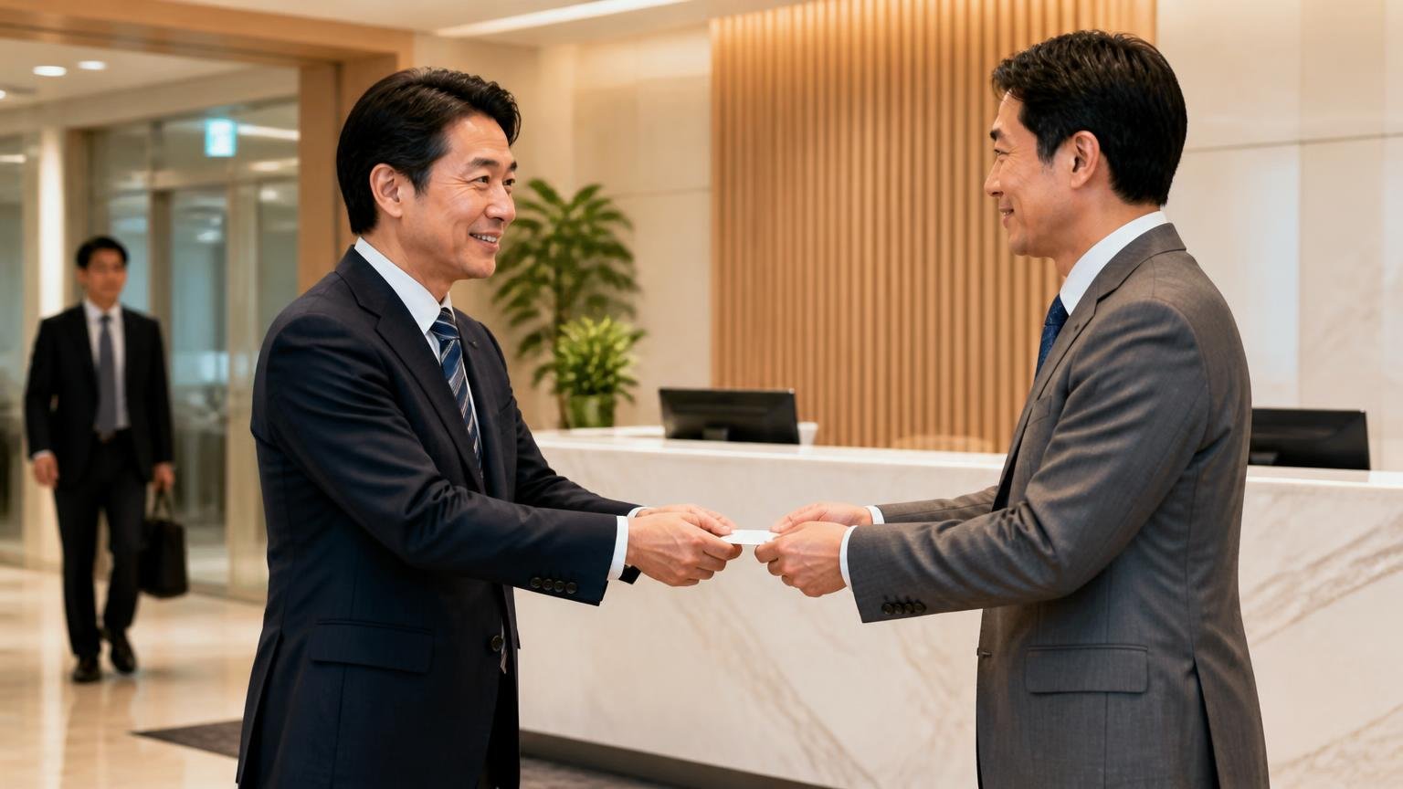 設立2004年・従業員45人・5拠点という会社の骨格 会社の受付前でスーツ姿の男性2人が名刺を交わし穏やかな笑顔