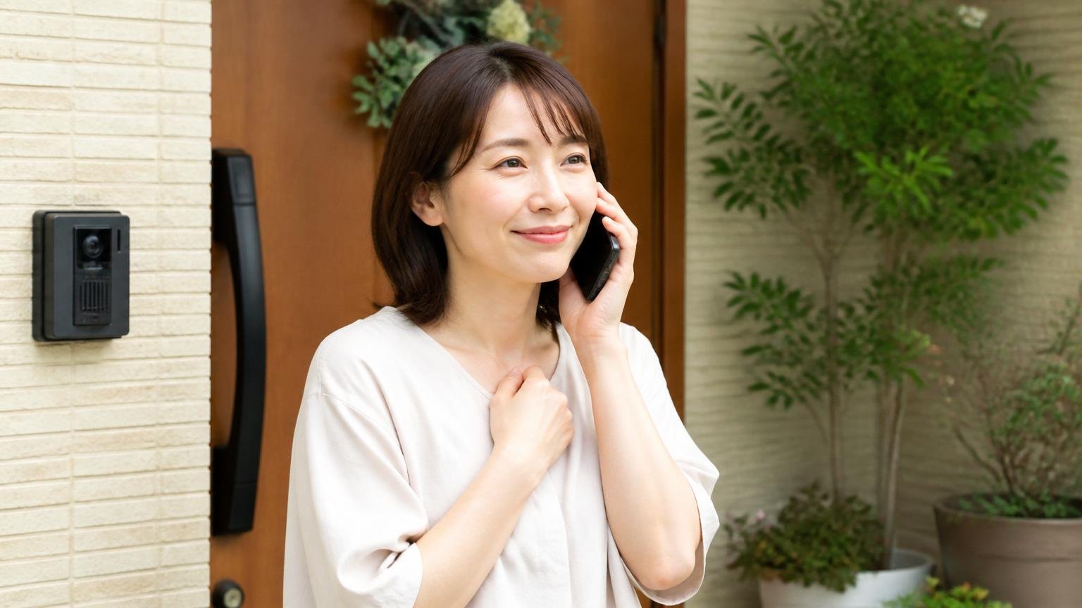 電話対応の丁寧さへの評価。玄関先で電話を持つ30代女性1人が安心した表情を浮かべる