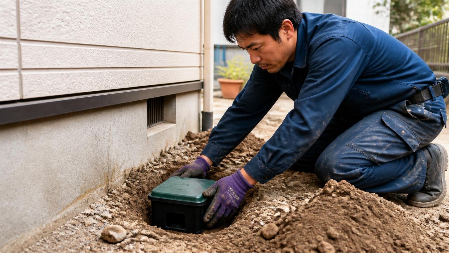 ベイト工法とバリア工法の料金差。住宅の基礎まわりでステーションを埋設する作業服の男性、真剣な横顔