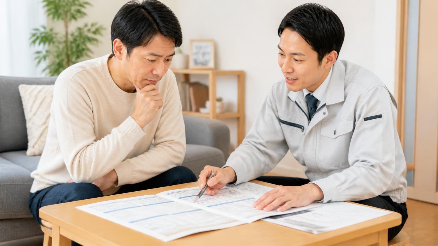 見積もりが詳しく透明性が高いという口コミ、リビングで見積書を広げて説明を受ける住人1人と作業員1人