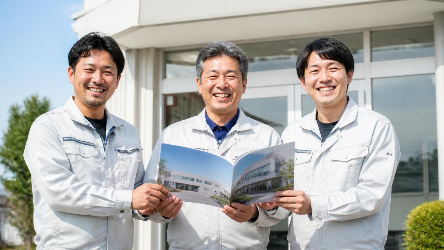 創業1966年、従業員60名、営業所11拠点。事務所前で作業着の男性3人が並び笑顔で会社案内を掲げる