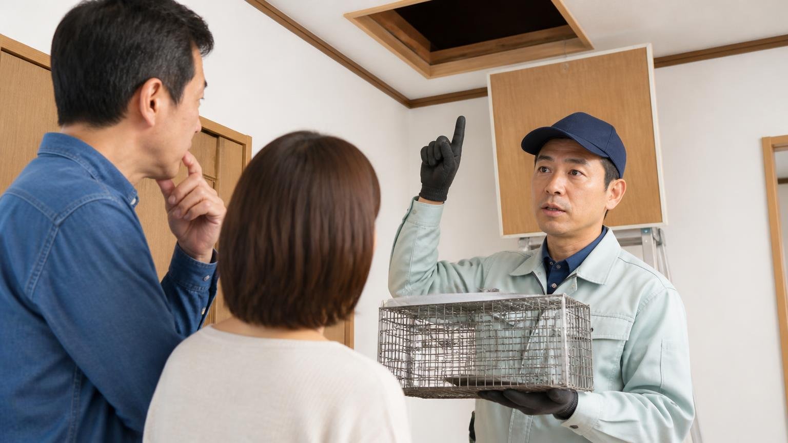 わな狩猟免許が意味すること。木造戸建ての天井裏点検口の前で作業員1人が箱わなを手に説明する