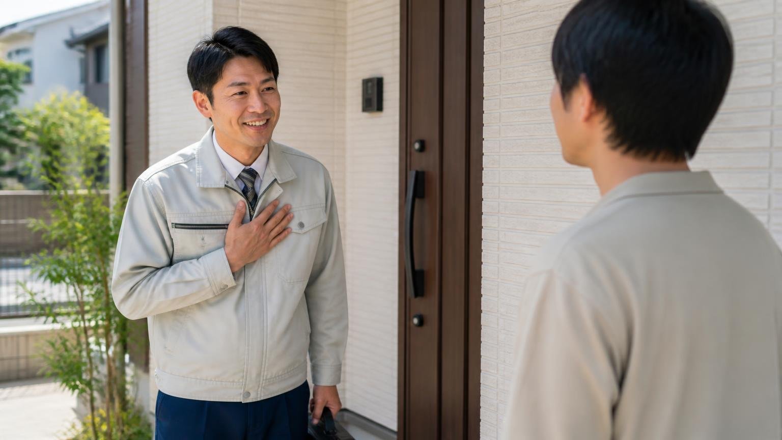 評価①対応が早く連絡してすぐ来てくれた 住宅の玄関前で作業員1人が到着し住人に挨拶する