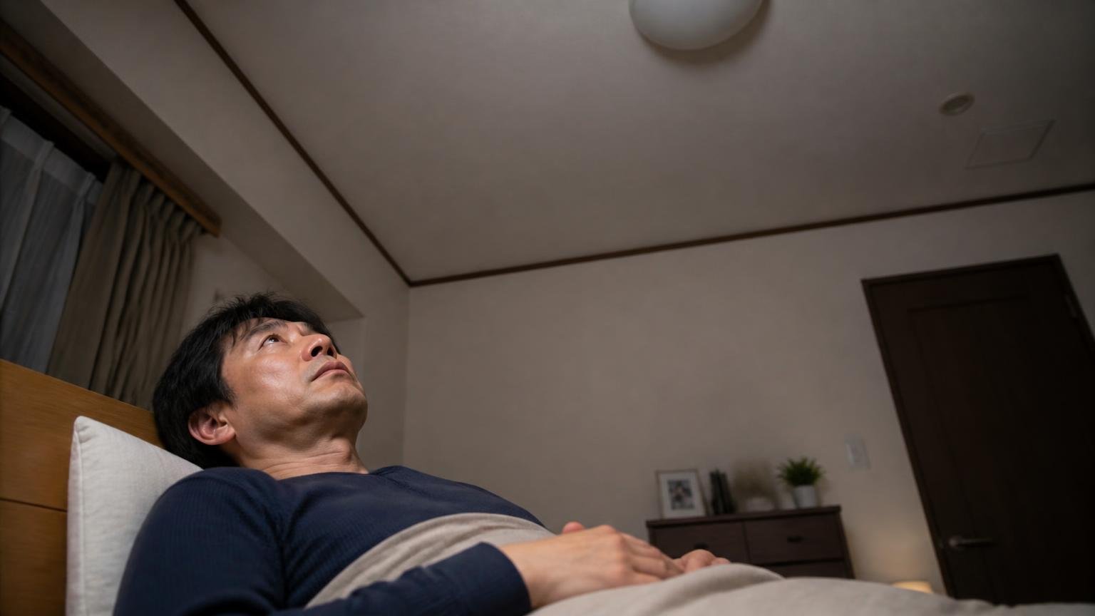 再発しても対応しきれていないという★1の声/夜の戸建ての寝室で天井を見上げる/40代男性1人/天井を見上げて肩を落とす
