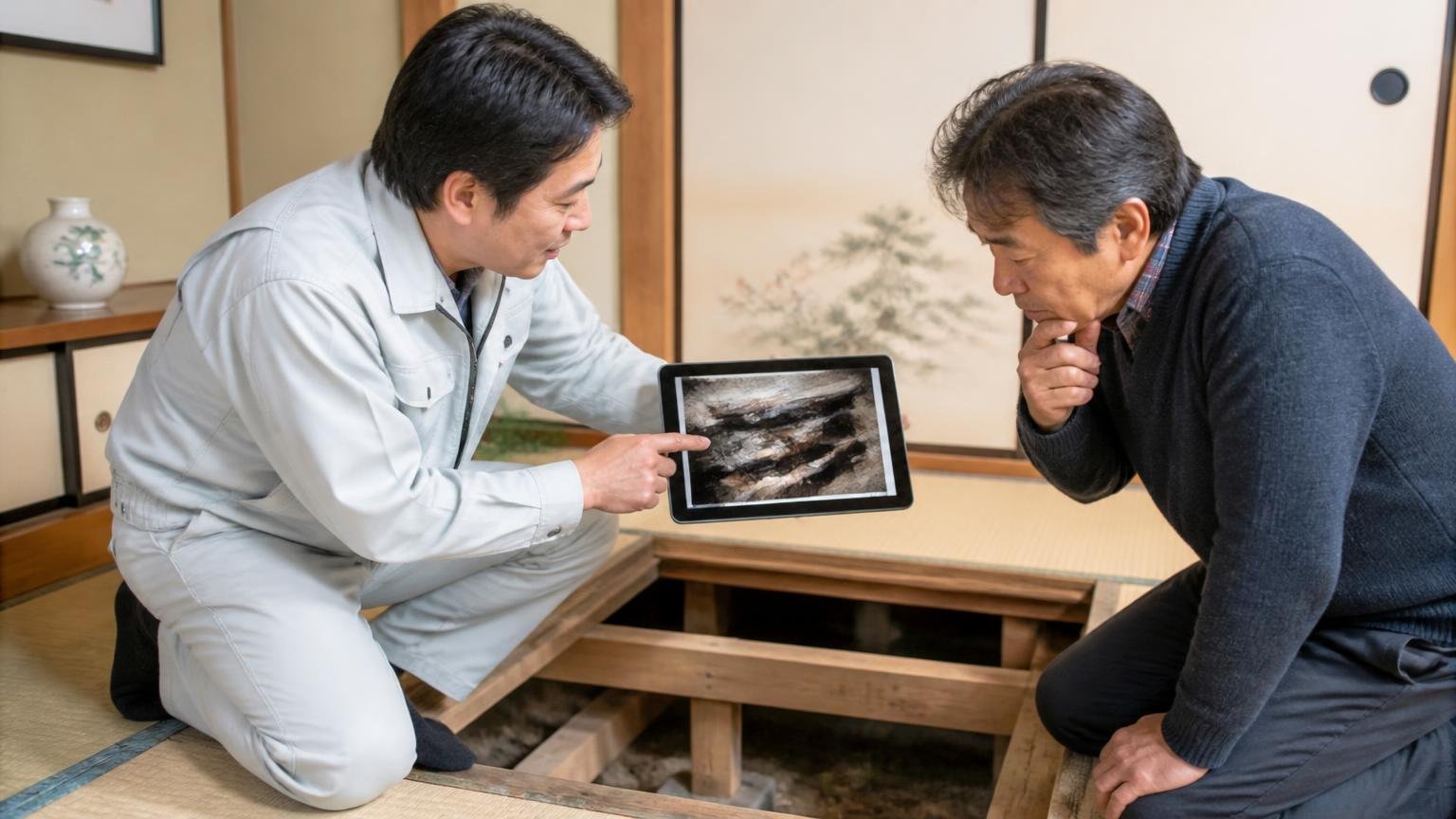 床下の被害箇所を写真に撮って説明してくれた 木造戸建ての和室で作業員1人が施主にカメラ画像を見せる