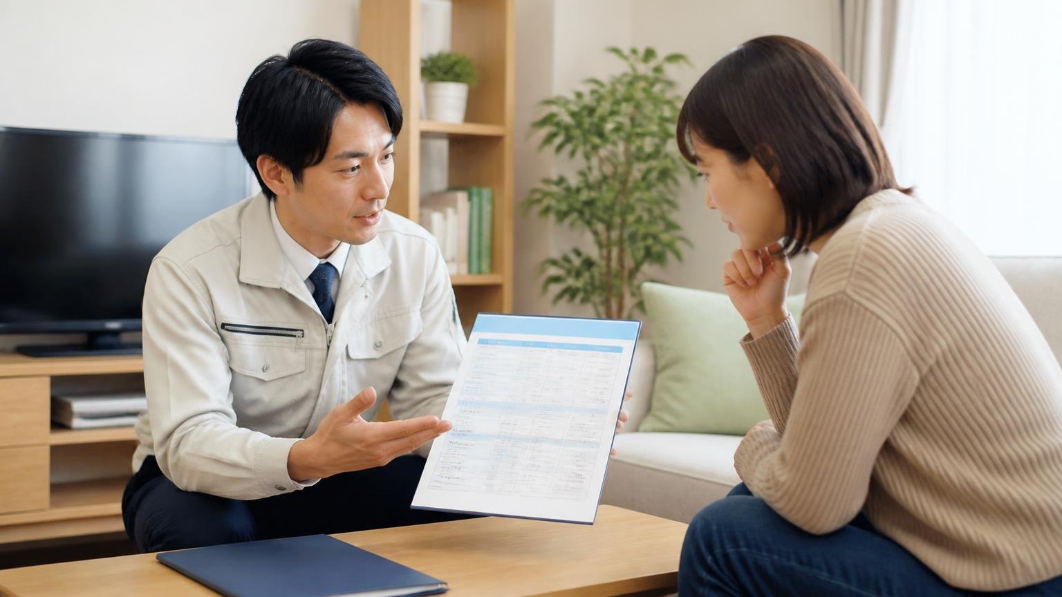 料金の内訳を先に説明してもらう。マンションのリビングで作業員1人と女性1人が料金表を見ながら向かい合って話す