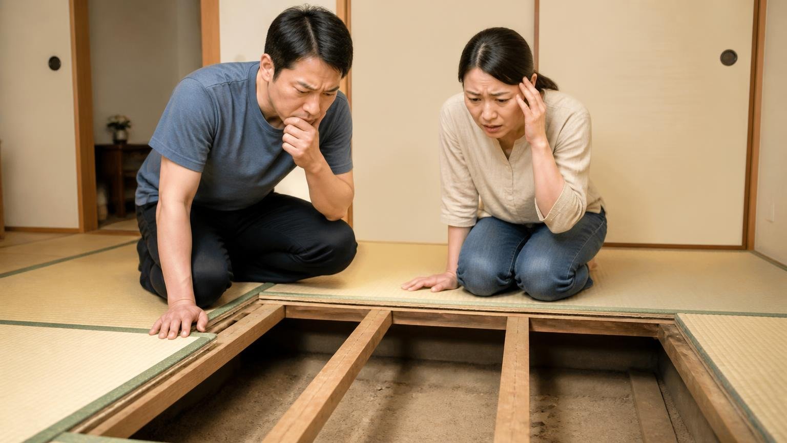 星が低い口コミには理由が書かれていない。和室で畳を上げた床を見下ろす住人の男女2人が困惑した表情