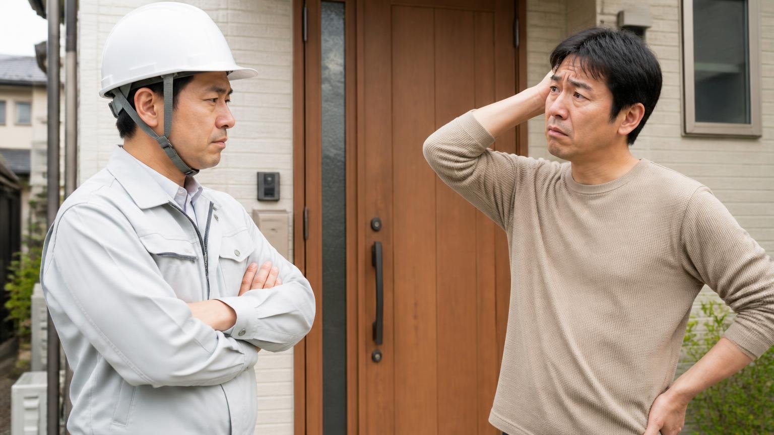 ★2の全文から読み取れる3つのこと|住宅の玄関前で腕を組む作業員と困った顔の住人