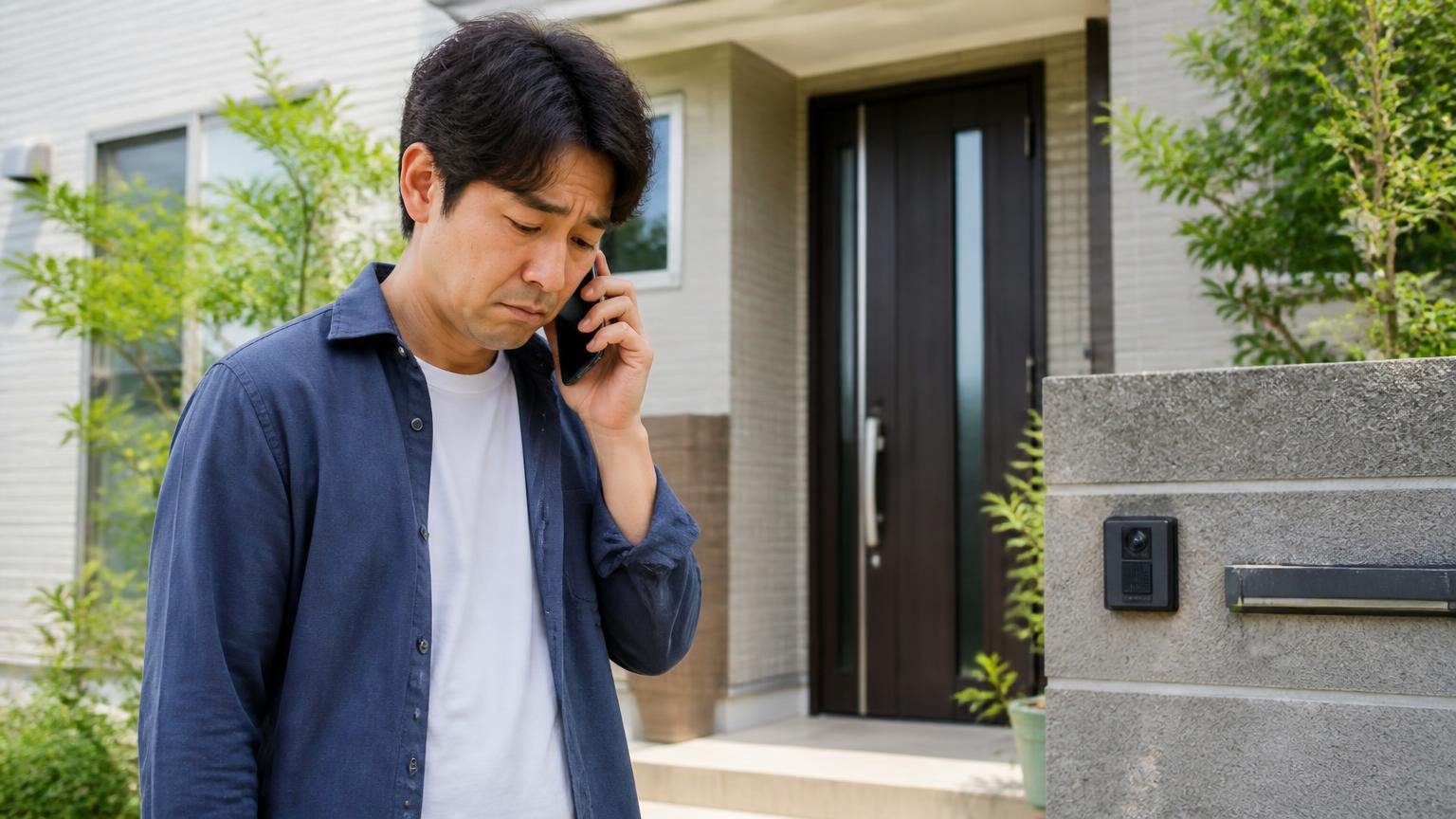 約束の日時に来ず電話もつながらない。戸建ての玄関前で男性1人がスマホを耳に当てて肩を落とす