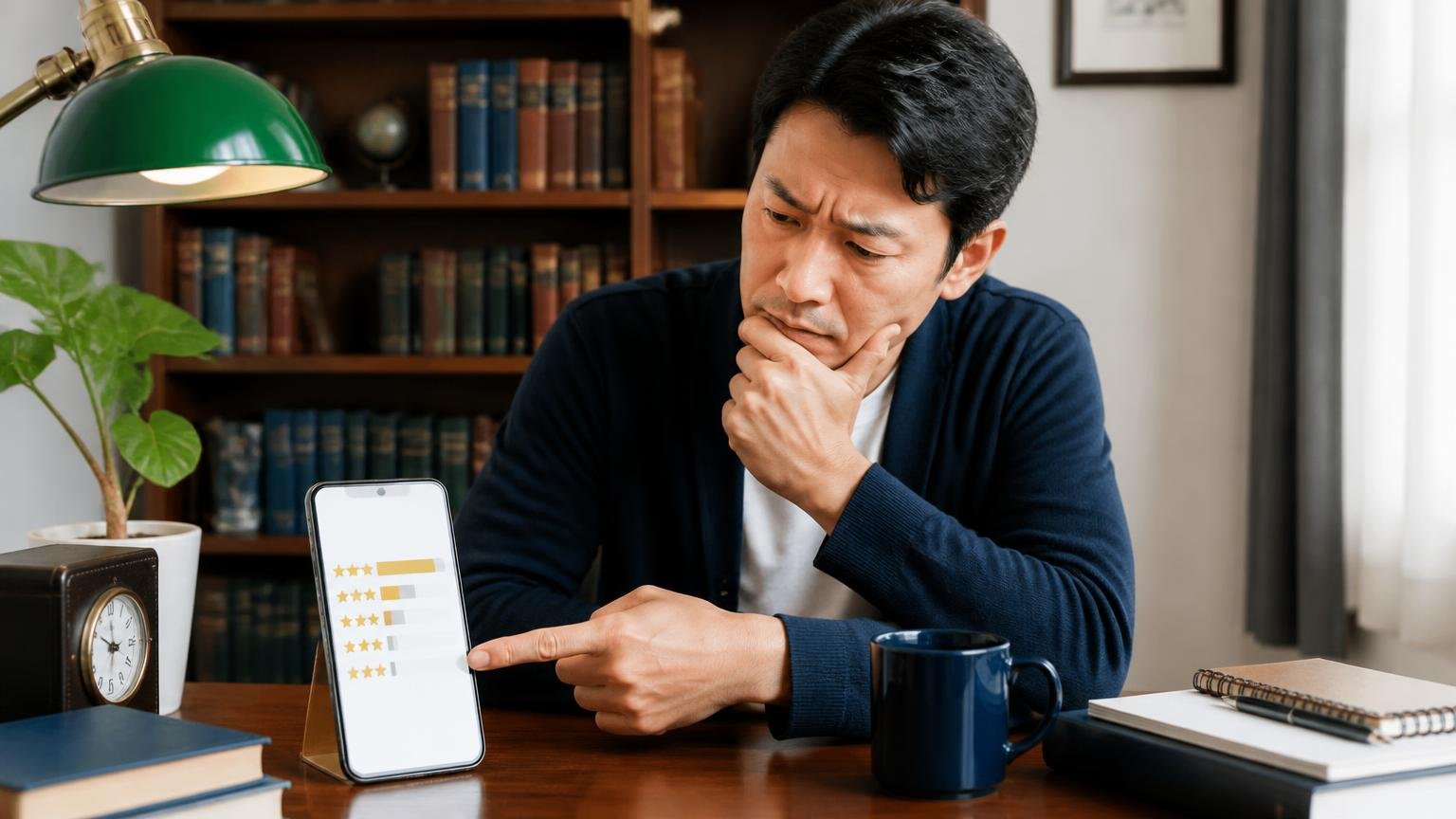 星1が1件ある事実。書斎の机でスマホの評価分布を指差し、男性1人が腕を組んで考え込む