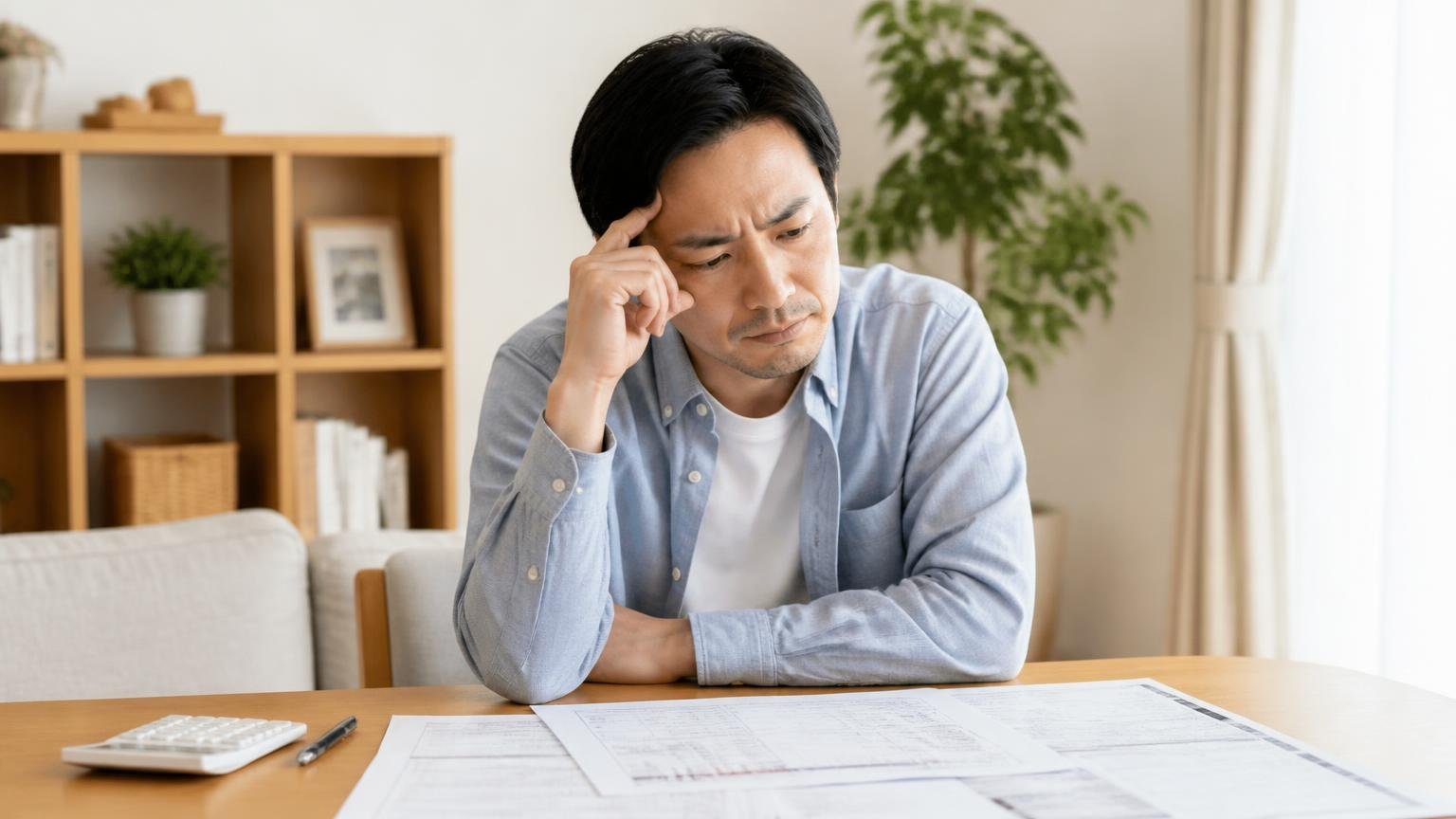 口コミでは分からない4つのこと。リビングのテーブルで見積書を広げた住人1人が首をかしげ考え込む